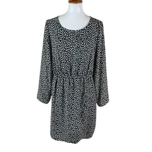 J Crew‎ Mercantile Black White Heart Print Long Sleeve Dress 14 Elastic Waist thumbnail 2