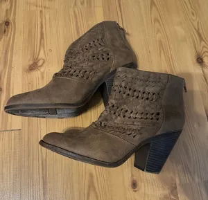 Woven Suede Brown Ankle Booties with Block Heel Size 10 thumbnail 1