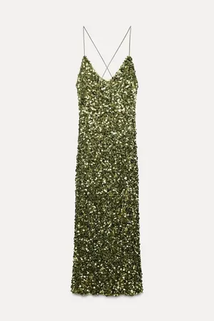 Zara Green Sequin Gown Maxi Dress Holiday Party Evening Festive Christmas thumbnail 9