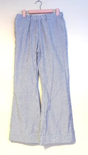 SHEIN Linen-Style Mid Rise Flare Elastic Waist Pants Blue White Stripes Womens L thumbnail 1