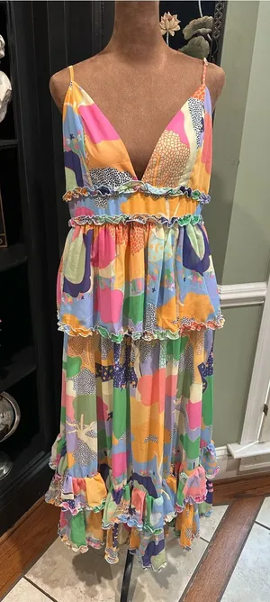 SHEIN Colorful Tiered Maxi Dress – Abstract Print – Adjustable Straps – Size Lar thumbnail 1