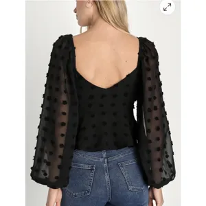 Lulu's Blouse XL‎ Cropped Black Clip Dot Balloon Sleeves Halter Babydoll #AA9-1 thumbnail 2