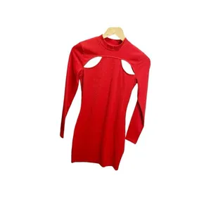 H&M‎ Caliente Red Bodycon Cutout Ribbed Mini Dress S Long Sleeved NEW thumbnail 3