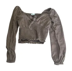 American Eagle Smocked Crop Top Women's Size S Brown Long Sleeve‎ Tie Front thumbnail 1