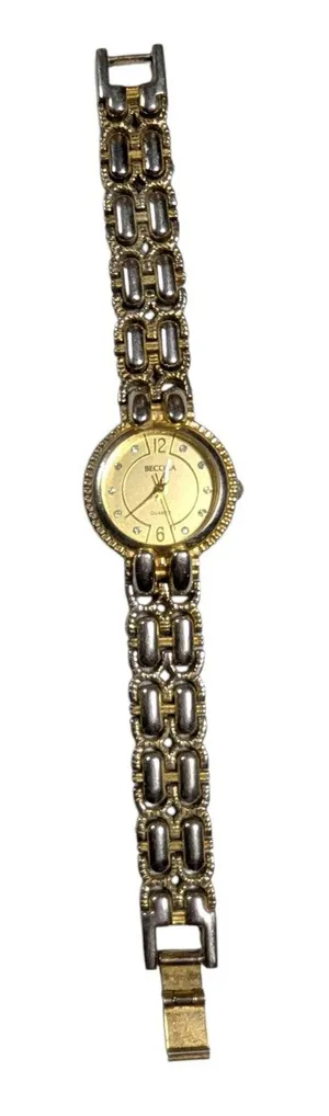 Vtg 1990s Becora Two Tone Gold Silver Bracelet Link Rhinestone Dial Dress Watch thumbnail 1
