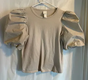 H&M Puff Sleeve Blouse Medium Tan‎ Beige Cottagecore Peasant Romantic Lagenlook thumbnail 1