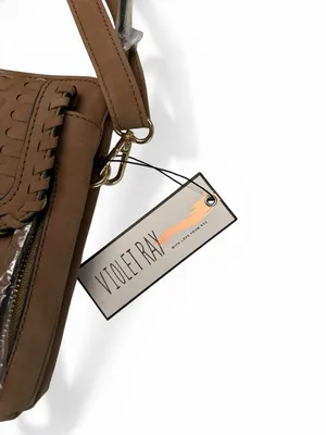 Violet Ray NYC Woven Flap Vegan Leather Crossbody Bag‎ in Cognac thumbnail 3