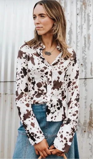 Satin Cow Print Fitted Button Up Shirt thumbnail 1