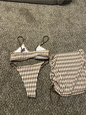 Amazon 3-Piece Brown & Cream Houndstooth Bikini Set thumbnail 3