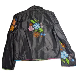 Vtg Y2K Black Colorful Floral Embroidered Silk Full Zip Windbreaker Jacket Sz M thumbnail 2