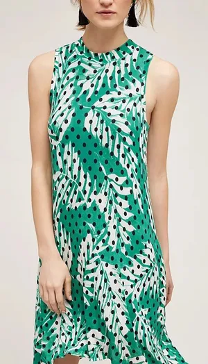 Maeve Anthropologie Womens Medium Caye Swing Dress Green Tropical Palm Polka Dot thumbnail 1