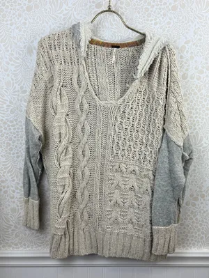 Free People Gray and Cream Mixed-Media Cable Knit Hoodie - Size - XS thumbnail 2