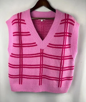 Women’s Grey Lab Large Pink Plaid Sweater Vest thumbnail 1