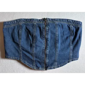 Lone Star Womens Denim Tube Top Medium Wash Zip Front Smocked Back Corset Large thumbnail 4
