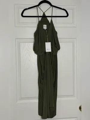 MISA Domino Tie Front Draped Ruched Knee Length Dress Olive Green Size XS NWT thumbnail 3