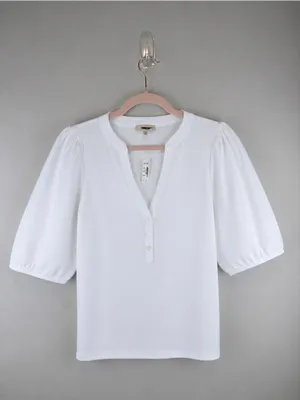 NWT Madewell White Puff Sleeve Henley Top XL Short Sleeve Cotton Blend Blouse thumbnail 2