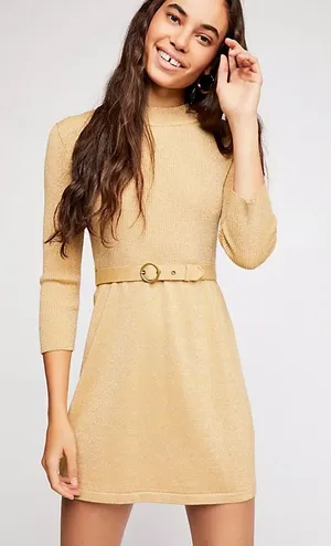 Free People French Girl Mini Dress Gold Shimmer Size Medium thumbnail 1