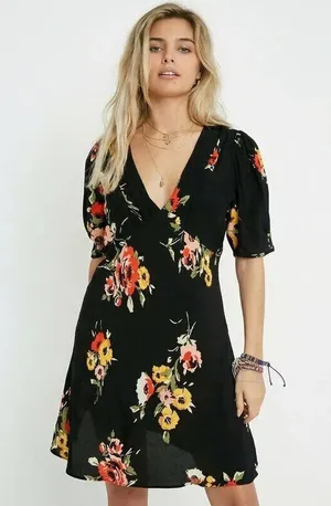 Free People Neon Garden Mini Dress Black Floral V Neck Boho Size 10 thumbnail 1