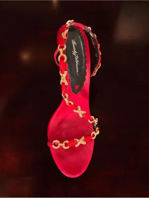 VTG Beverly Feldman Satin Gold & Rhinestone Lipstick Red 3” Stiletto Heel Sz 10 thumbnail 2