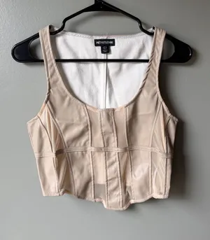 PrettyLittleThing Faux Leather Mesh Corset Crop Top Beige thumbnail 1