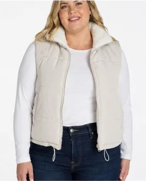 No Boundaries Womens Reversible Puffer Sherpa Vest Size XL Stone Tile Zip Pocket thumbnail 1