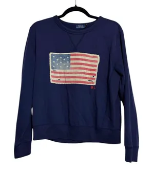 Polo Ralph Lauren Navy Blue Distressed Flag Crewneck Sweater Women's Size Large thumbnail 1