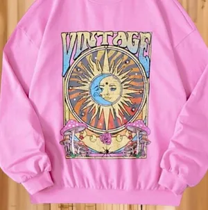 Pink Colorful Boho Retro Chic Celestial Sun Moon Mushroom Graphic Sweatshirt thumbnail 1