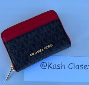 Jet Set Travel Zip Around Card Case Wallet Brown MK Flame Red thumbnail 1