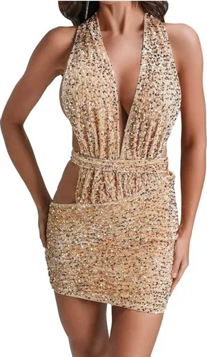 Knowles Gold Sequin Bodycon Dress‎ Plunge Neckline thumbnail 1