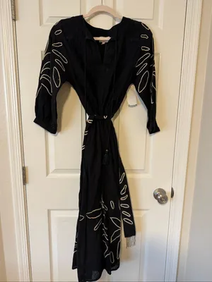 NWT CIEBON Eliza Embroidered A-Line Midi Dress Black Boho Cotton XS thumbnail 3