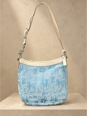Coach Signature Canvas Bucket Shoulder Bag Blue Cream Adjustable Strap thumbnail 2
