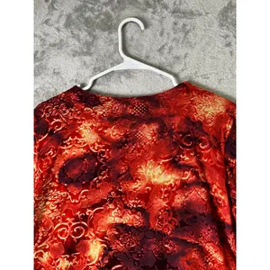 Vintage Y2k Velvet Floral Mesh Top Boho VNeck Long Sleeve Red Orange Medium thumbnail 4