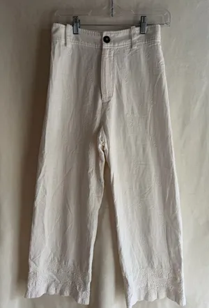 ZARA Pants Linen Wide-Leg White embroidered size 2 thumbnail 1