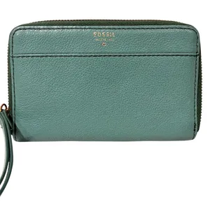 Fossil Sydney Green Leather Wristlet Zip Around Clutch‎ Medium Wallet thumbnail 1