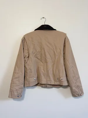 H&M Cropped Barn Jacket Size Medium Oversized Beige Coated-Collar Twill Brown thumbnail 8