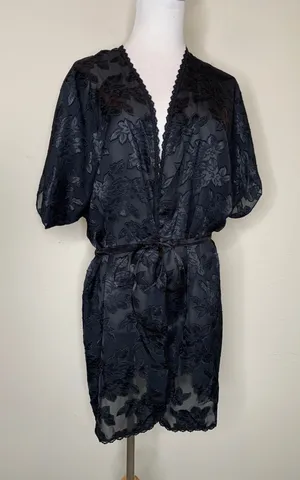 Vintage Black Satin Robe Floral Semisheer Fabric Sz Medium Dressing Gown thumbnail 1