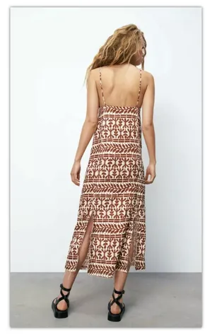 ZARA Brown Printed Linen Blend Dress thumbnail 5