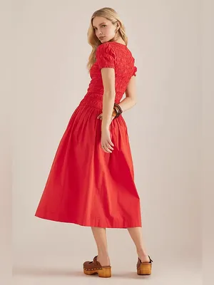 Damson Madder Smocked Drop Waist Stretch Organic Cotton Midi Dress 10 thumbnail 6