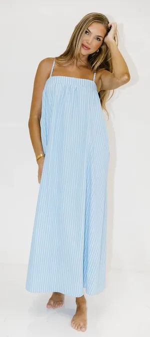 NWT Worth Collective Grier Dress maxi midi blue stripe tie back pockets thumbnail 1