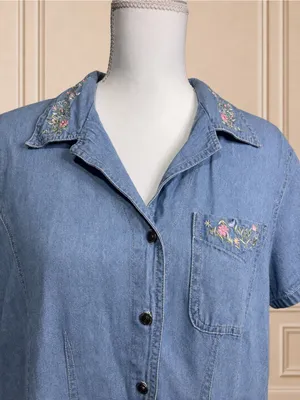 Vntg 1980s Oh! Mamma Maternity Denim Tunic Shirt L Floral Embroidered Maternity thumbnail 2