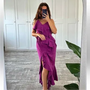 NWT ZARA LINEN BLEND RUFFLED SLIP DRESS in purple. Size Large thumbnail 2