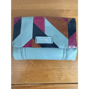 Vtg Fossil Patchwork Soft Leather Teal Wallet Snap‎ Close Zipper Colorblock-Read thumbnail 2