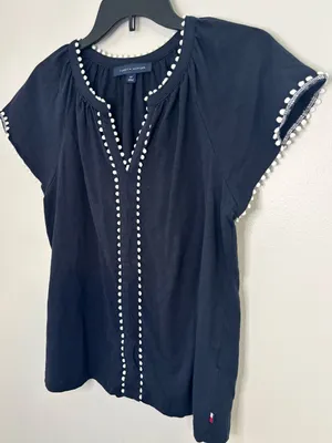 Tommy Hilfiger Navy Short-Sleeve Top with White Pom-Pom Trim Size Small thumbnail 3