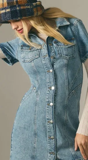 PILCRO Short-Sleeve Denim Button-Front Mini Dress Women's Size 2 Anthropologie thumbnail 1