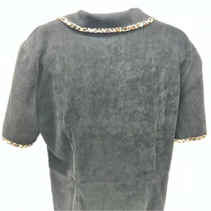 Courtenay Women’s Short Sleeve Casual Black Button Down Top w/Leopard Print Trim thumbnail 7
