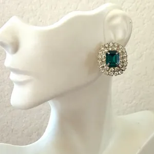 Vintage Emerald Cut Green Rhinestone Halo Stud Earrings thumbnail 5