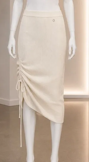 Guess Womens Skirt Ribbed Knit Ruched Side Cream Small thumbnail 1