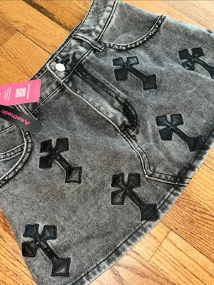 Romwe Gray Denim Mini Skirt with Black Cross Appliqués Medium NWT thumbnail 2