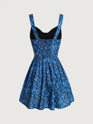 Rihoas Blue Floral U-Neck Shirred Mini Dress thumbnail 7