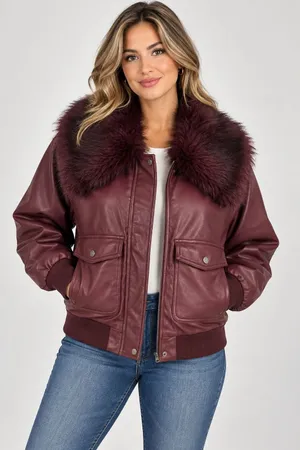 Wild Fable Burgundy Faux Leather Bomber Jacket Removable Faux Fur Collar Size S thumbnail 1